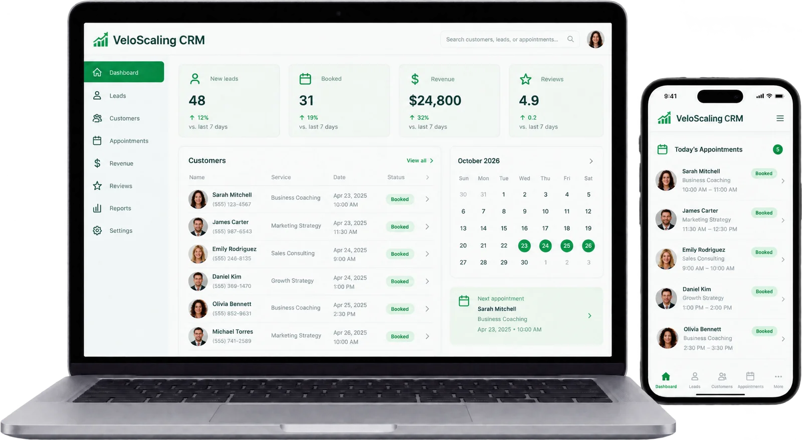 The VeloScaling CRM on a laptop and phone