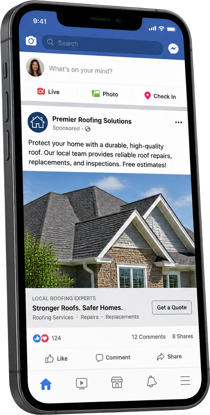 A phone showing a sponsored post for a local roofing company